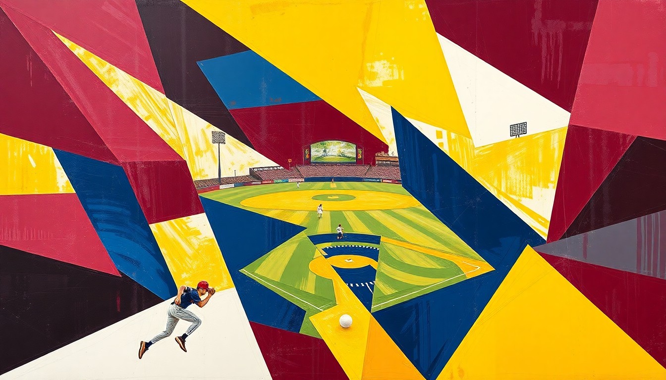 A fractured, multi-perspective painting in bold, overlapping geometric shapes and planes in the team colors of maroon, white, navy blue, and gold, conceptually representing the intensity and movement of a high school baseball game.