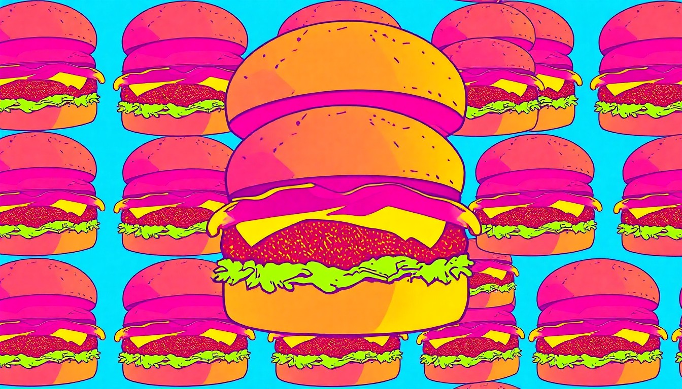A vibrant, high-contrast silkscreen print of a single ube-bun smash burger repeated in a grid pattern, capturing the bold, playful spirit of Filipino cuisine and culture.