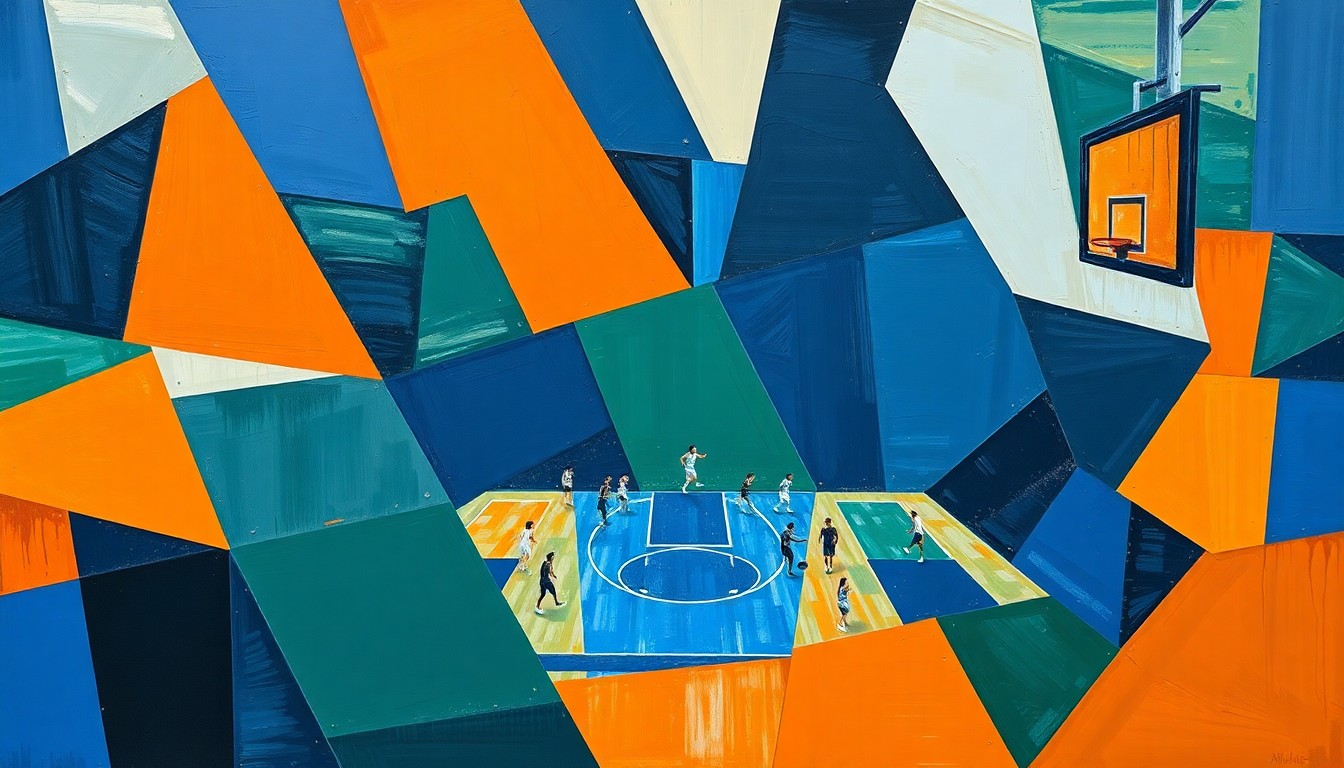 A fragmented, abstract painting featuring sharp, angular shapes in navy, green, and orange, conceptually representing the fast-paced action and tactical nuance of a high school basketball game.