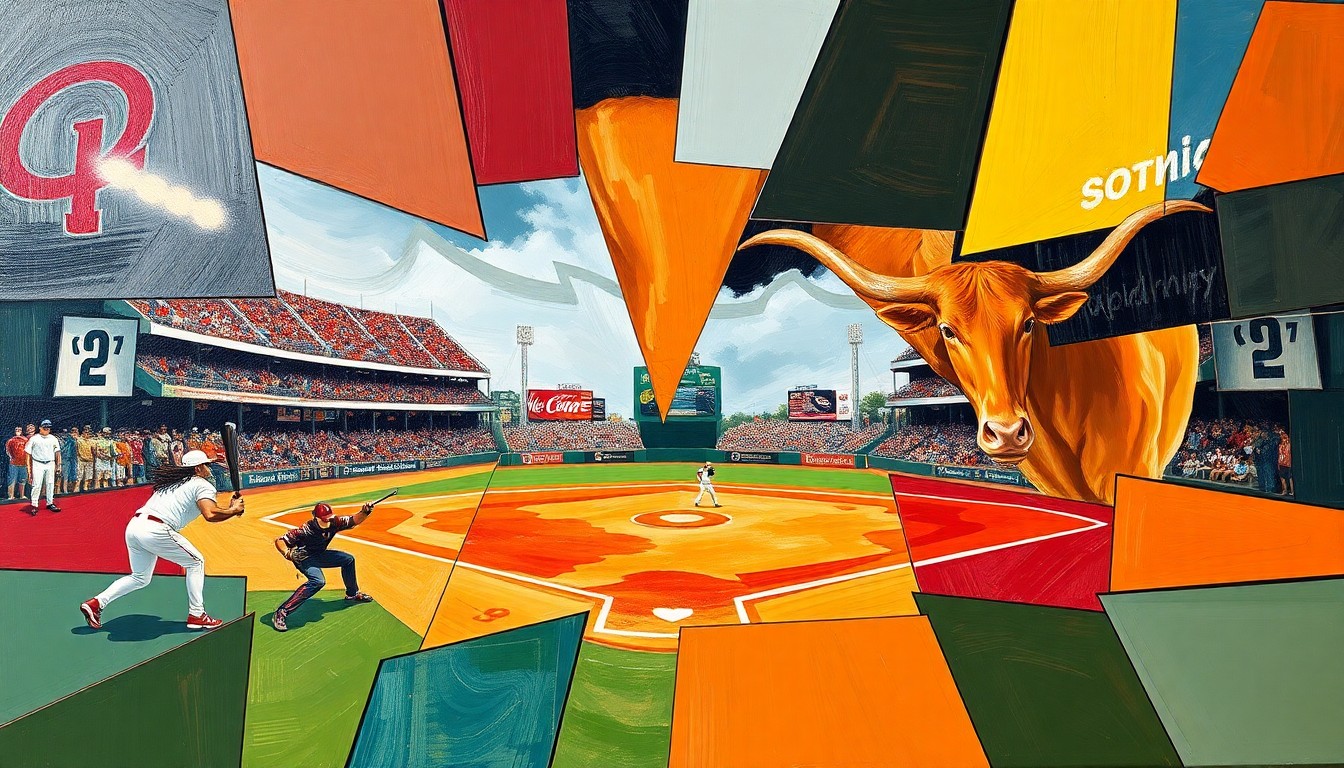 A fractured, multi-perspective painting depicting a softball game between the Oklahoma Sooners and Texas Longhorns, with the players and field broken down into sharp, overlapping geometric shapes and planes in a cubist style.