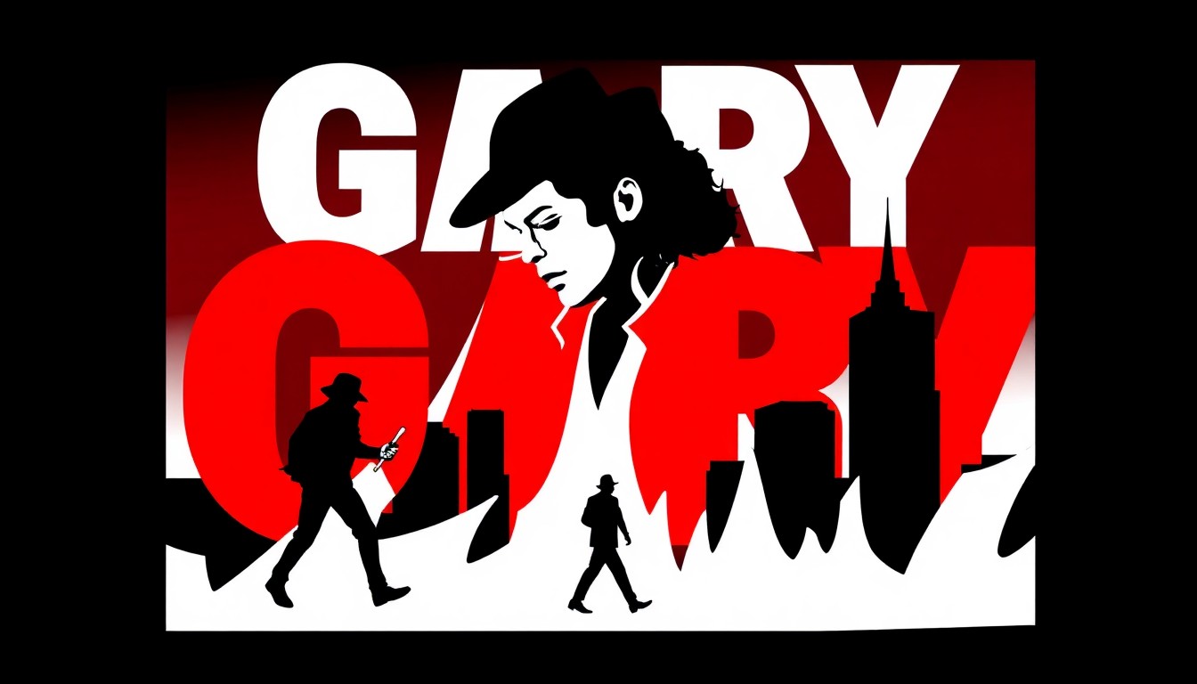An abstract, minimalist illustration featuring stark black silhouettes and bold geometric shapes in high-contrast red and white, conceptually representing the enduring legacy of Michael Jackson and his connection to the city of Gary.