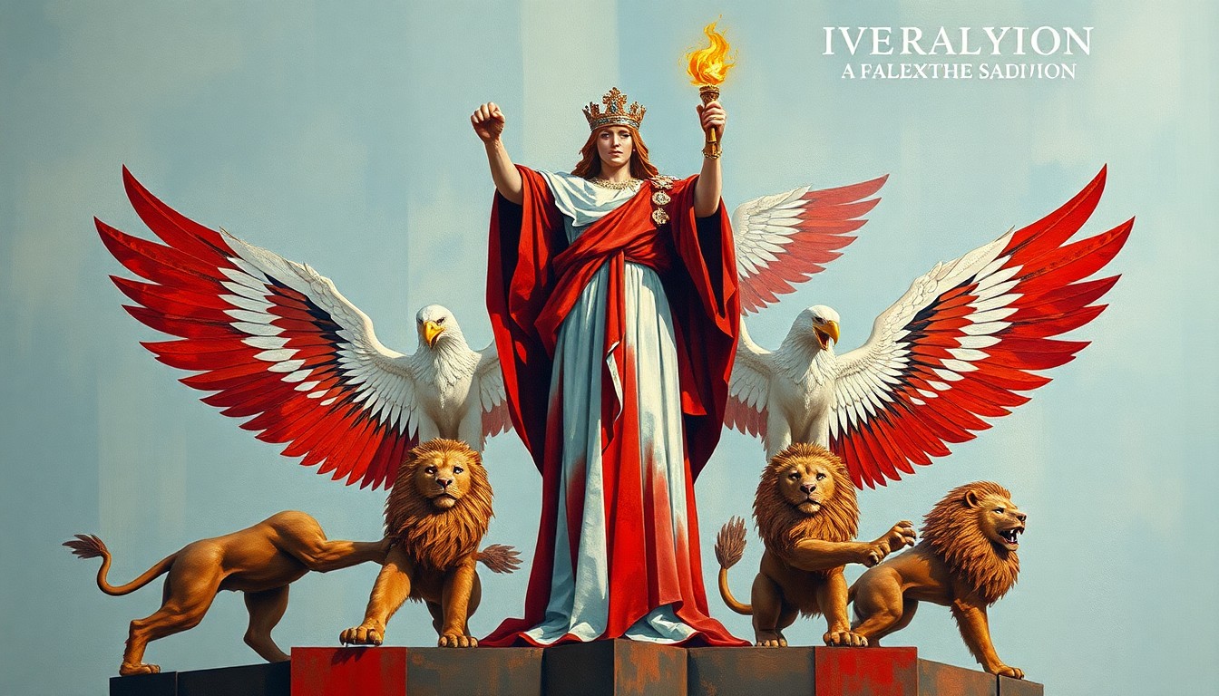 A fragmented, abstract painting featuring overlapping geometric shapes and waves of red, white, and blue, depicting the towering winged figure, eagles, and lions of the proposed Washington triumphal arch design.