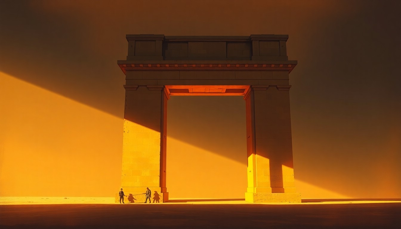 A serene, cinematic painting depicting the partially constructed frame of a large triumphal arch, bathed in warm, diagonal sunlight and deep shadows, conceptually representing the political and financial debate surrounding this proposed presidential monument.