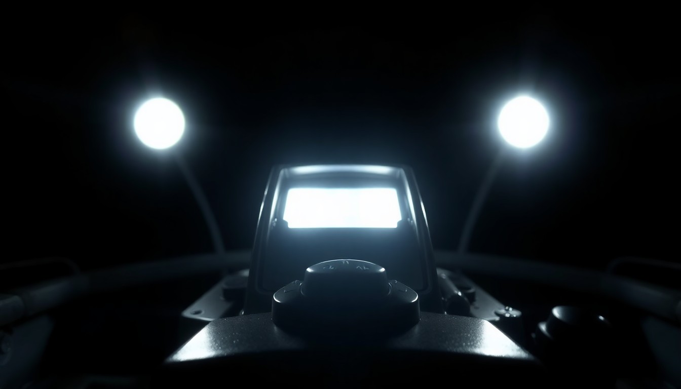 An extreme close-up photograph of a boat's throttle or engine controls, lit by a harsh, direct camera flash against a pitch-black background, conveying a stark, gritty, investigative aesthetic without depicting any violence.