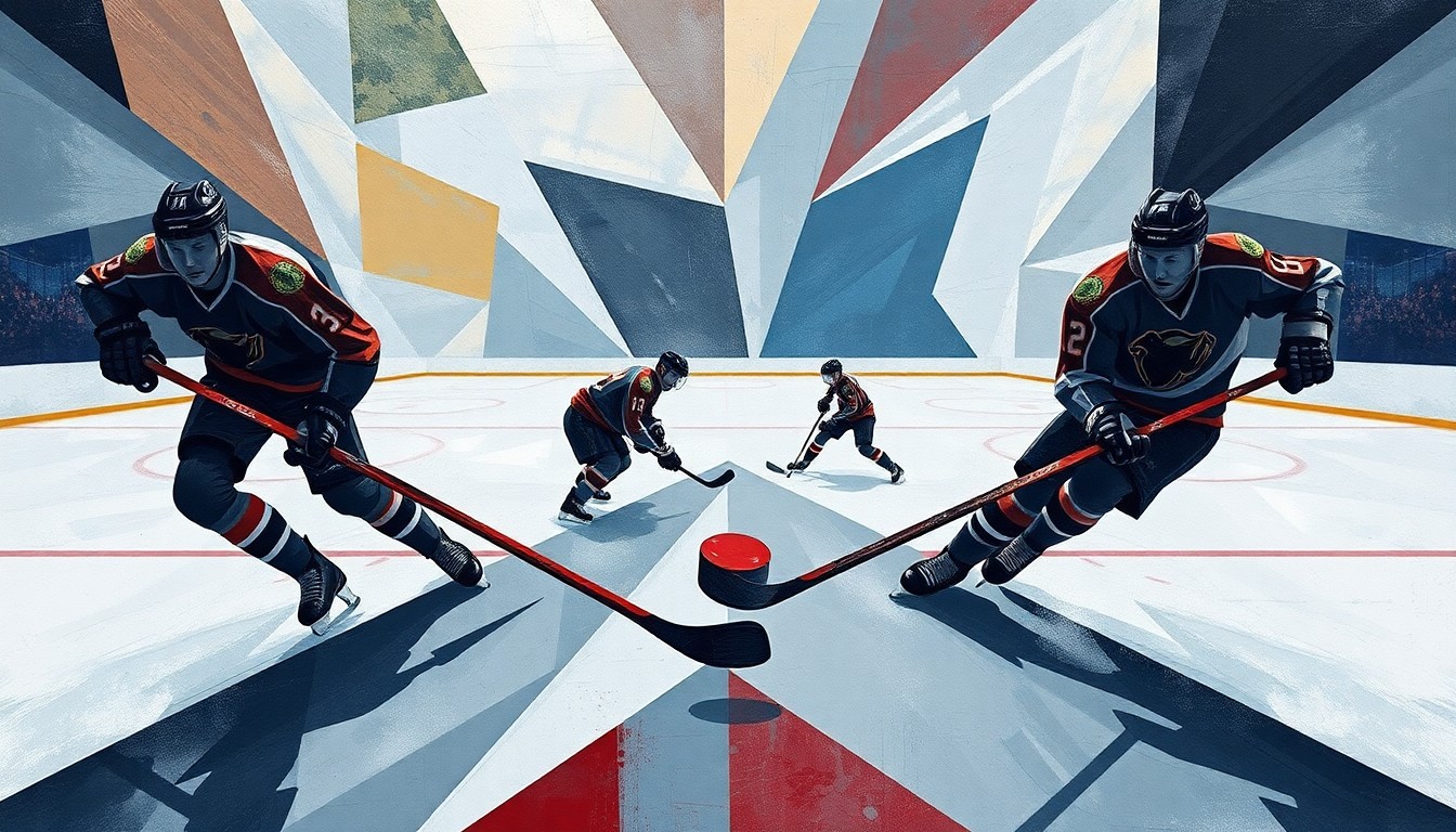 A dynamic, abstract painting in the Cubist style, featuring overlapping geometric shapes and planes that capture the energy and movement of a hockey game, without any recognizable players or logos.