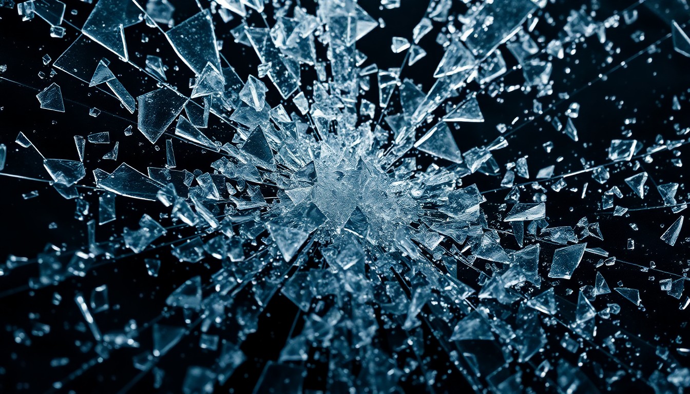 An abstract, high-contrast close-up image of shattered glass and metal textures, conveying the fragility of truth and the illusion of accountability in a world where power trumps morality.