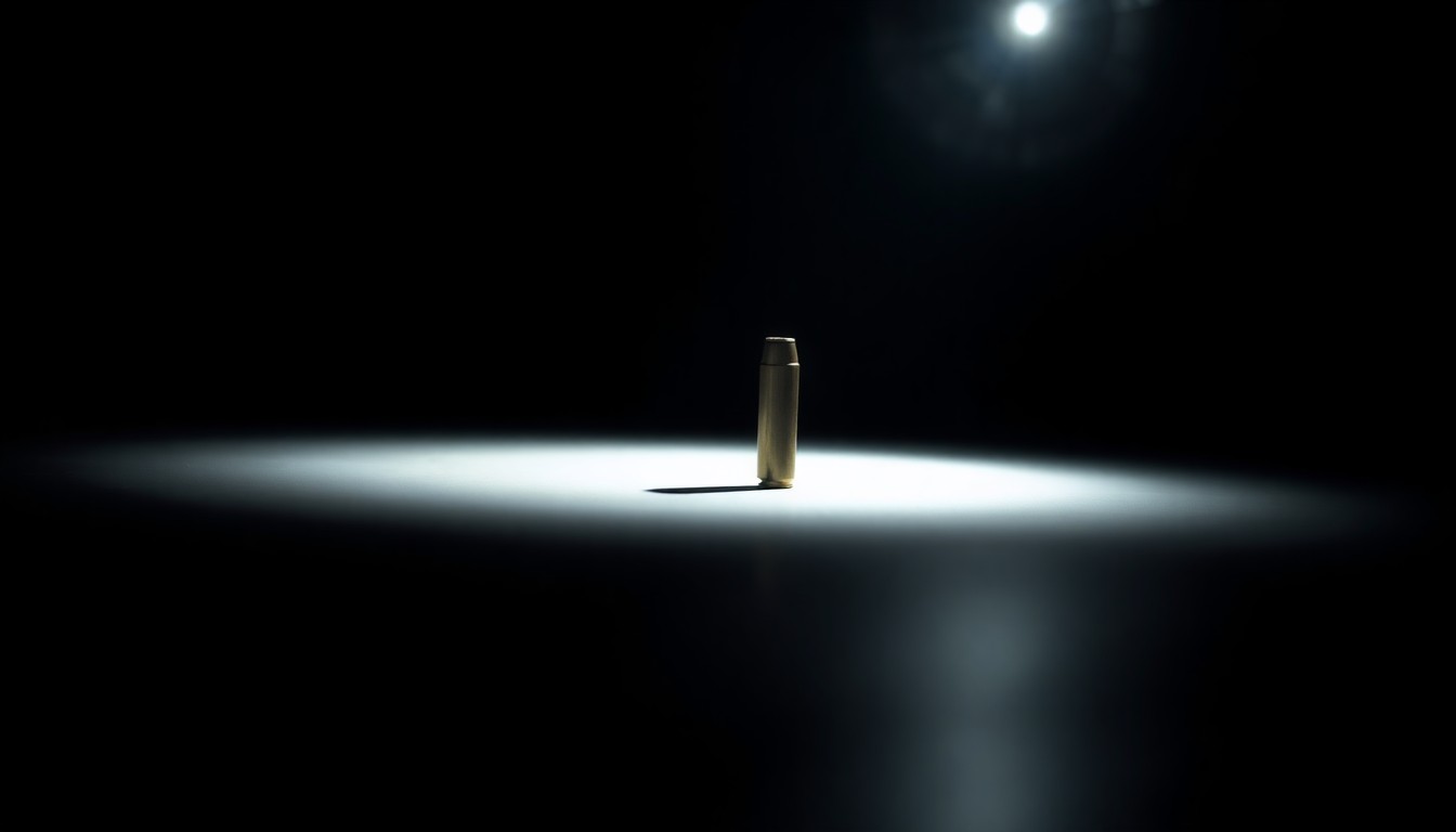 An extreme close-up photograph of a single bullet casing on a dark background, lit by a harsh, direct camera flash, conceptually representing the deadly aftermath of a violent incident.