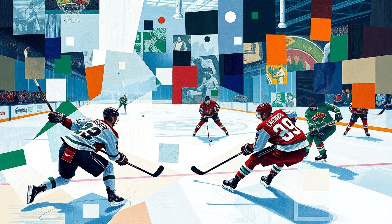 A cubist, geometric painting depicting a hockey game with fragmented, overlapping planes of ice, players, and a puck, rendered in the vibrant colors of the Dallas Stars and Minnesota Wild uniforms.