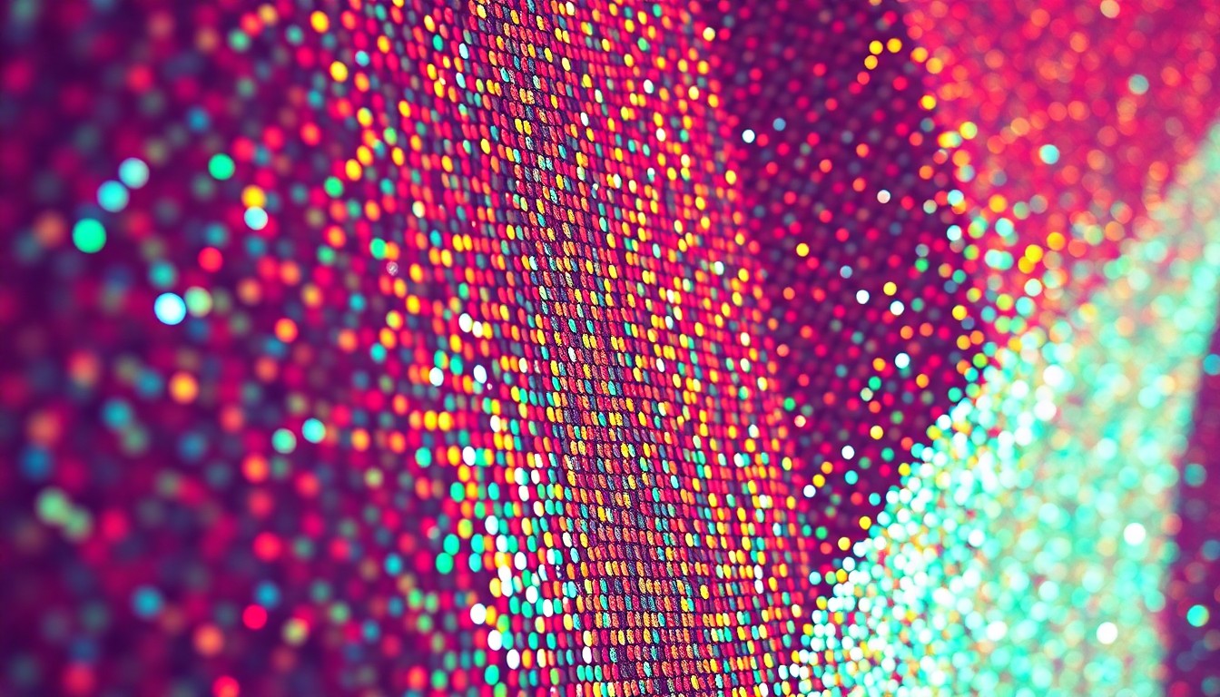 An abstract close-up image of shimmering, glittering sequins in dramatic, high-contrast studio lighting, conveying the glamour and emotional depth of Purity Ring's music.