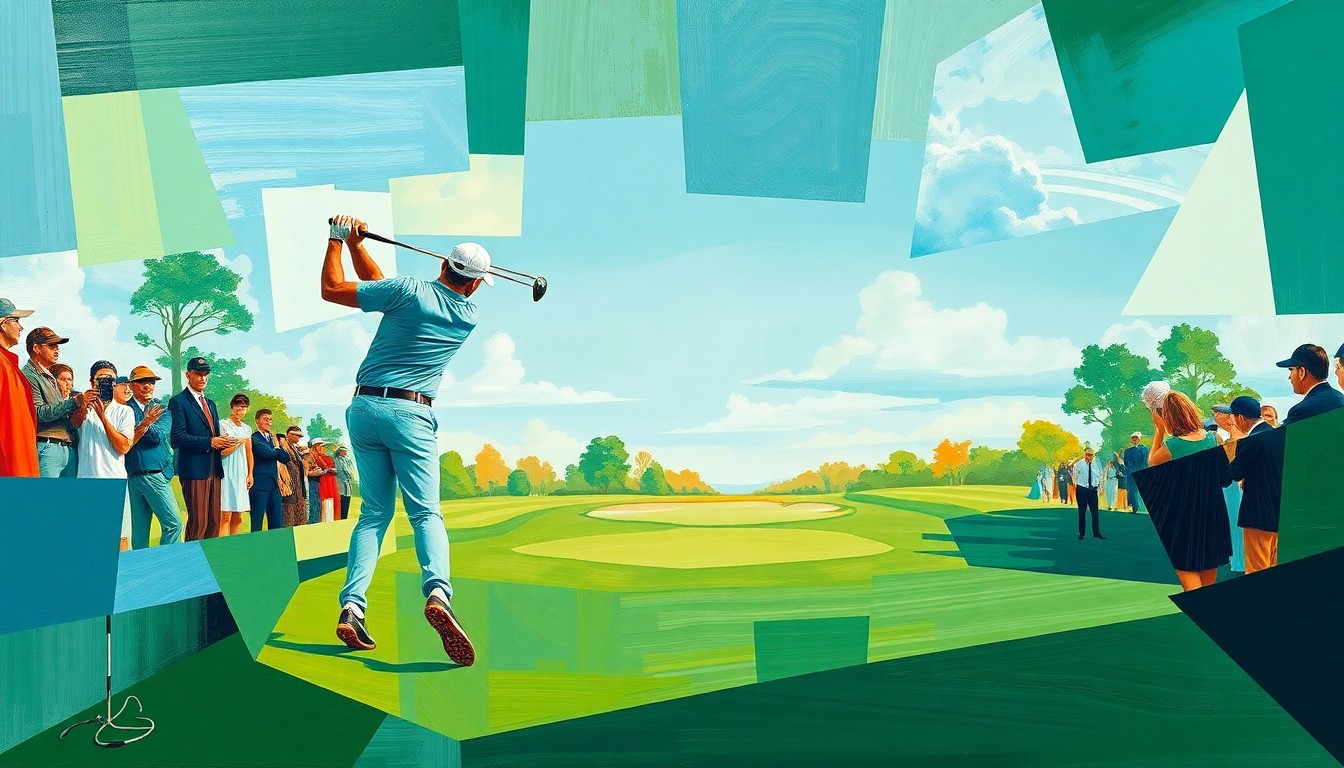 A fragmented, geometric painting depicting the motion of a golfer's swing on the 12th hole at Augusta National, with sharp planes of green, blue, and brown hues.