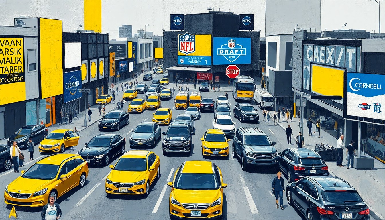 A fragmented, multi-angled painting depicting the busy scene of cars, pedestrians, and NFL Draft branding broken down into sharp, overlapping geometric shapes in a palette of greys, blues, and yellows.
