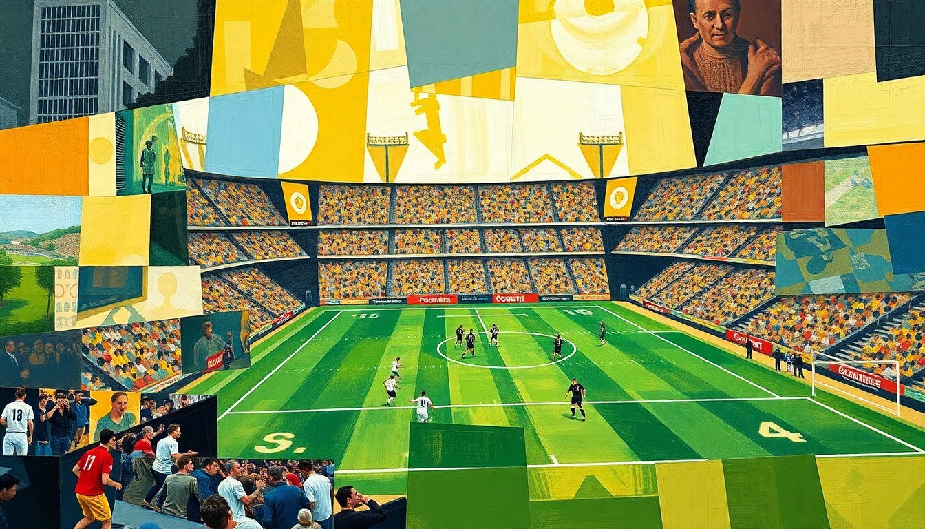 A cubist, geometric painting featuring overlapping planes and shapes in shades of green, brown, and blue, conceptually representing the fragmented nature of a football game and the legacy of a player.