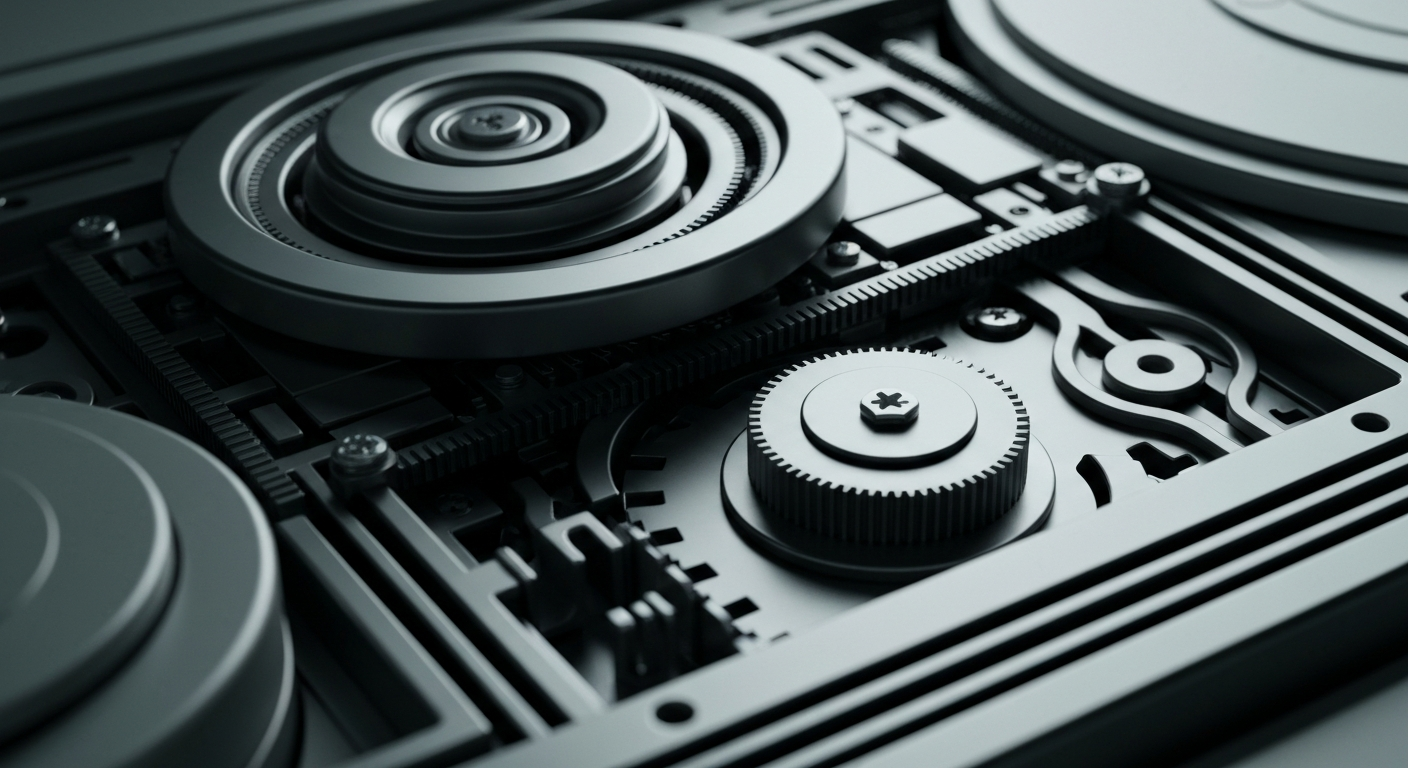 An extreme close-up photograph of the internal components and gears of a high-tech home security system, conveying the complex financial infrastructure and institutional power of the home technology industry.