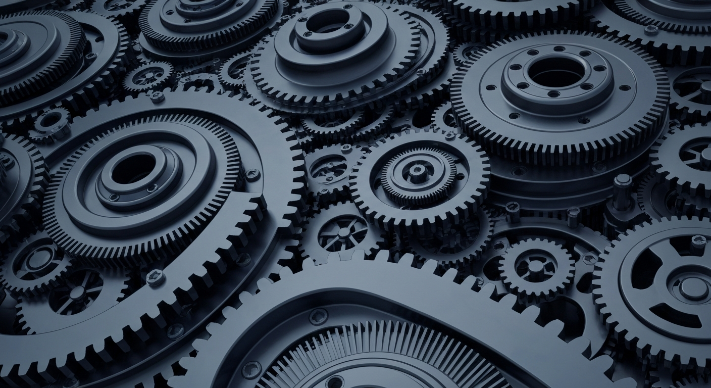 An extreme close-up of a tangle of industrial gears and machinery in shades of grey and blue, conceptually representing the intricate financial infrastructure and institutional power of a biotechnology company.