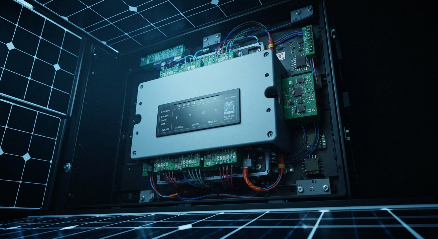 An extreme close-up of the circuitry and components inside a solar power inverter, conveying the technical complexity and financial infrastructure of the renewable energy industry.