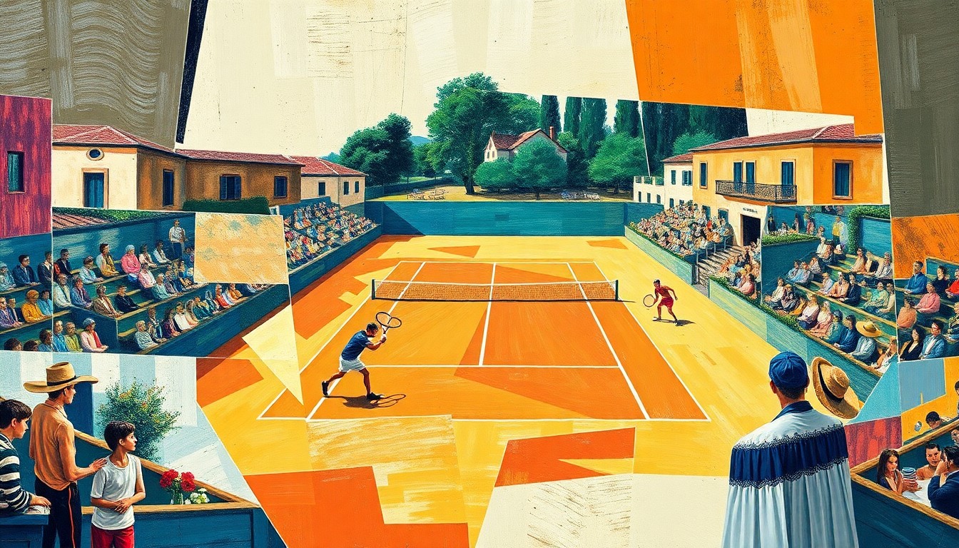 A fractured, geometric painting depicting a clay court tennis match, with the players and court broken down into sharp, overlapping planes of color and form.