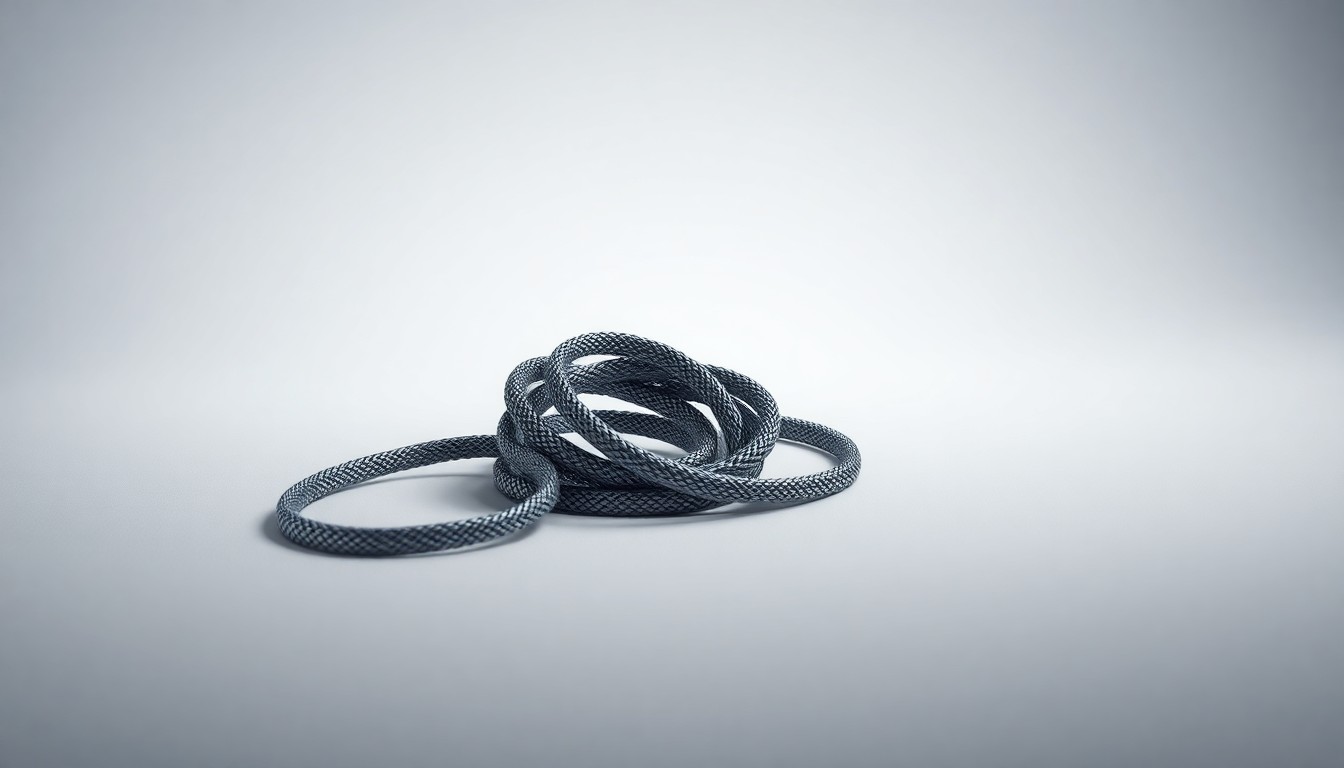 A photorealistic studio still life of a polished metal NIKE shoe lace coiled on a clean, monochromatic background, using dramatic lighting to symbolize the abstract market forces impacting the company's performance.
