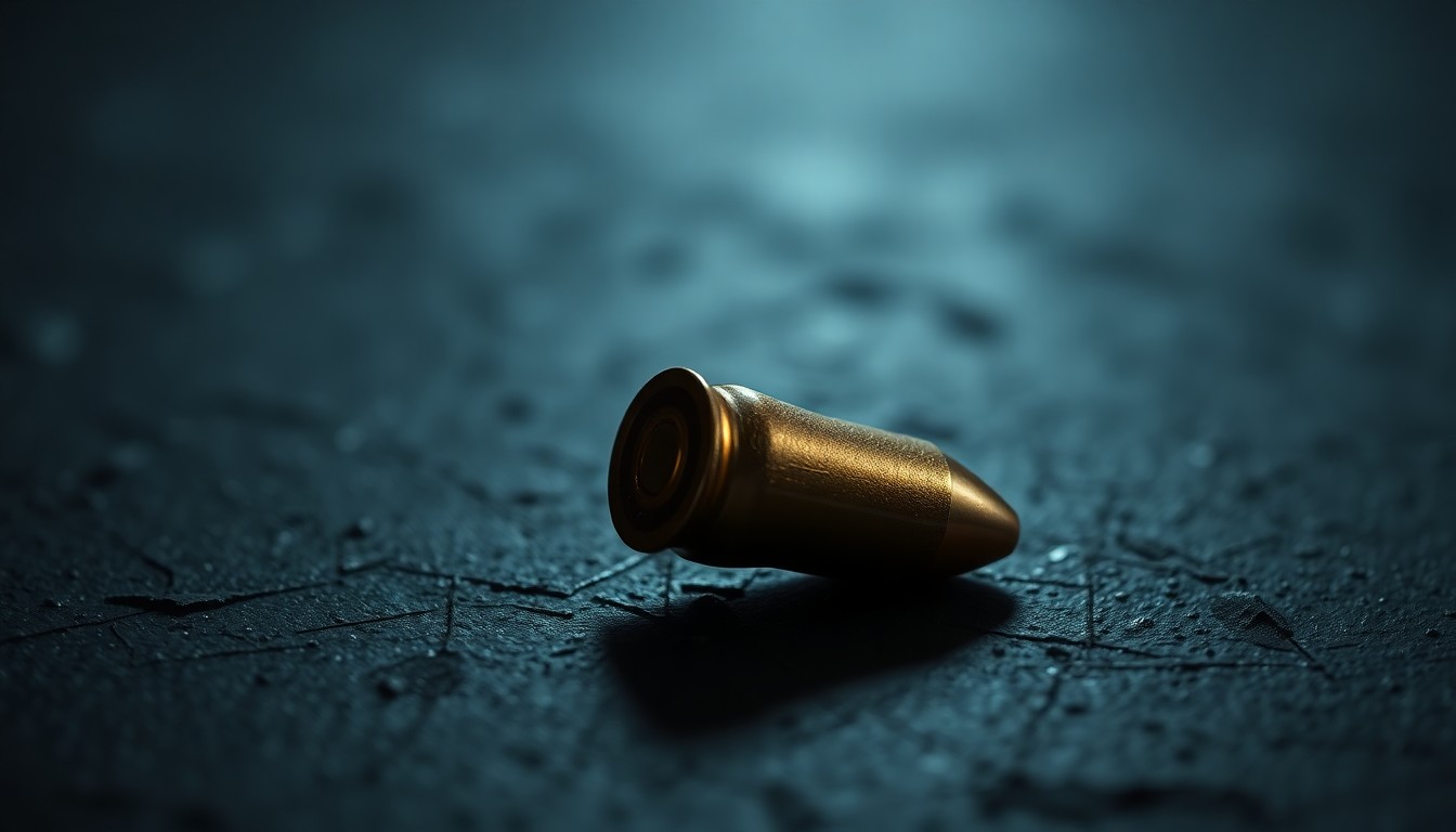 An extreme close-up of a single spent bullet casing on a dark, textured surface, lit by a harsh, direct camera flash, conceptually representing a crucial piece of evidence in a violent crime investigation.