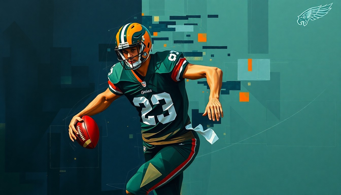 A cubist-style painting depicting a football player in motion, broken down into sharp, overlapping geometric shapes in muted tones of navy blue, forest green, and burnt orange, conceptually representing the strategic considerations behind a potential trade.