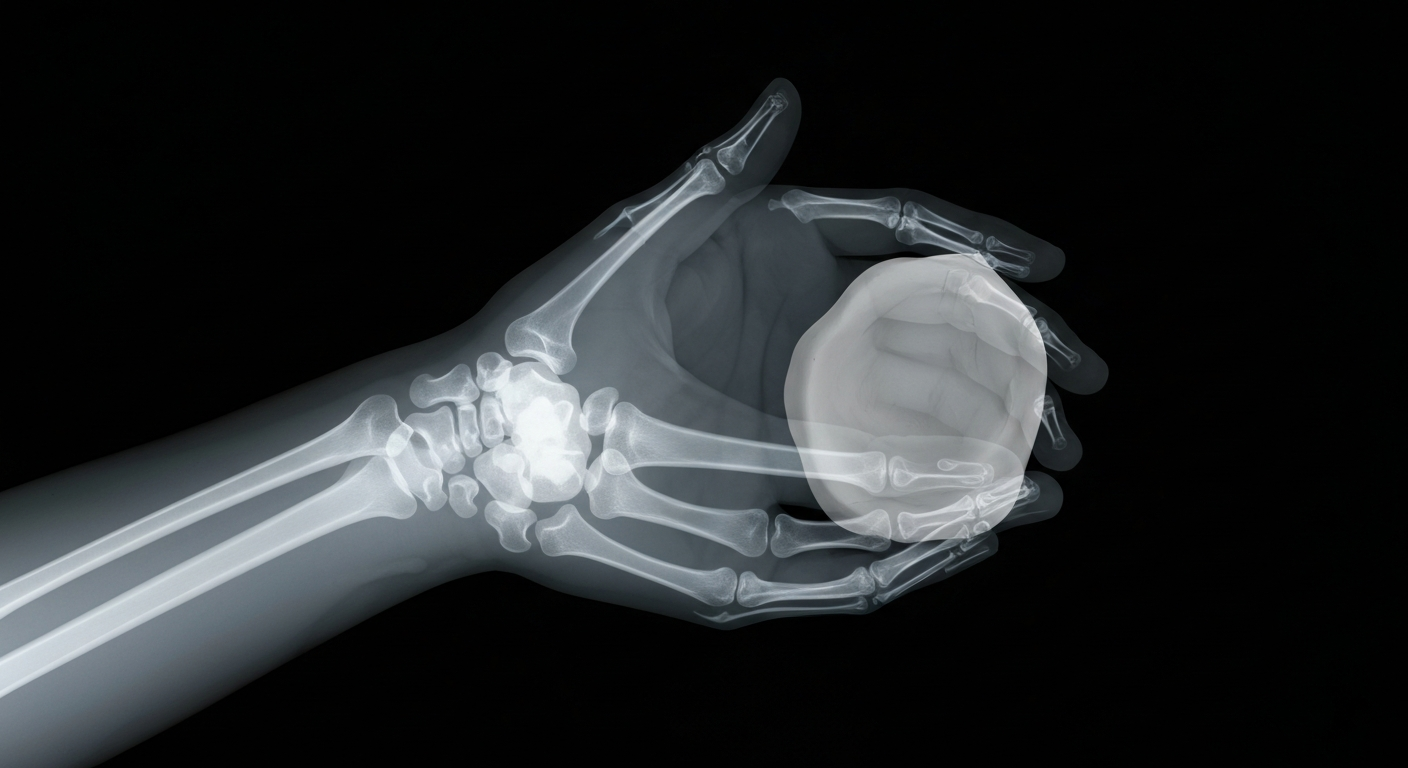 A translucent X-ray photograph revealing the internal bone structure of a patient's hands gently holding a piece of clay, conveying the transformative impact of artistic expression on the healing process.