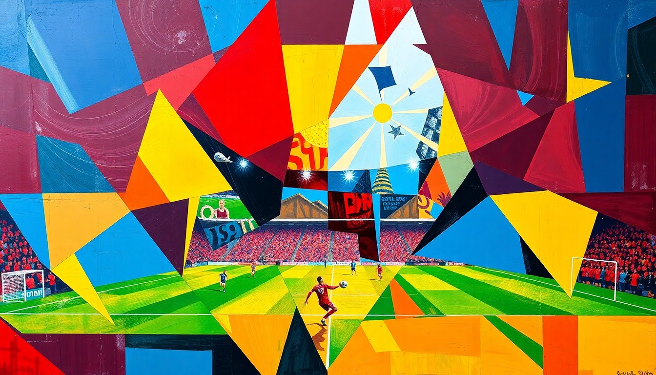 A cubist, geometric painting depicting the intense action of a Europa League quarterfinal match between Aston Villa and Bologna, with overlapping planes of color and form capturing the energy and drama of the game.