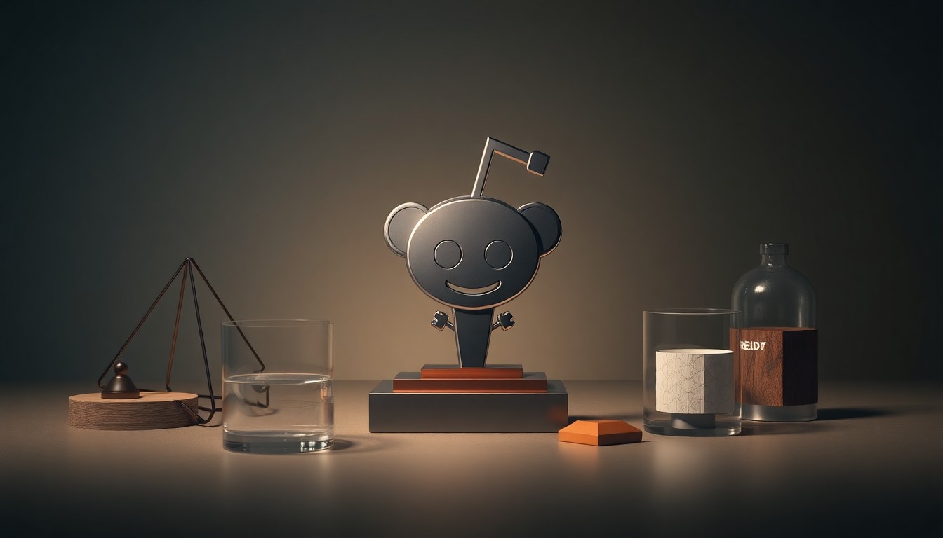 A high-end, photorealistic studio still-life photograph featuring a polished metal Reddit logo sculpture surrounded by geometric shapes and premium materials in a muted, monochromatic color palette with dramatic lighting and deep shadows, conceptually representing the abstract corporate strategy and finance behind the insider stock sale.