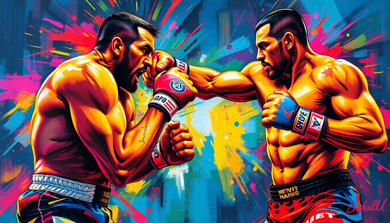 A dynamic, neon-colored painting depicting two muscular MMA fighters engaged in an intense sparring match, their movements captured in a blur of vibrant brushstrokes that convey the raw power and energy of the sport.