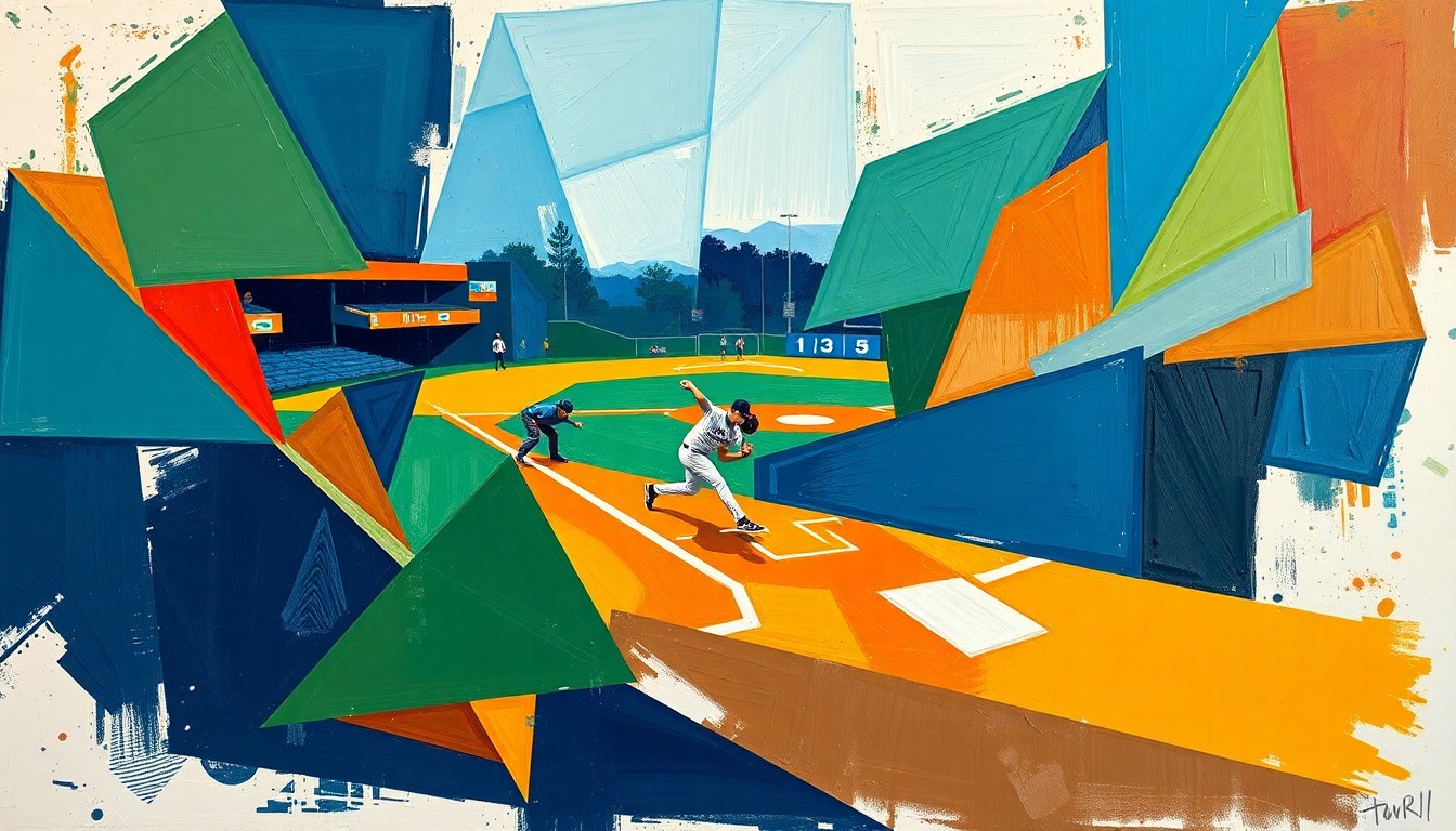 A cubist-style painting depicting a baseball pitcher in motion, with their form broken down into overlapping geometric shapes and planes in shades of navy, green, and orange.