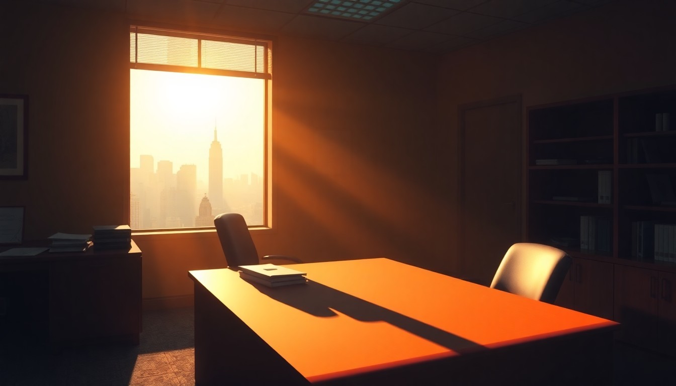 A dimly lit, cinematic painting of a government office desk with a city skyline visible through the window, conveying a sense of transition and uncertainty.