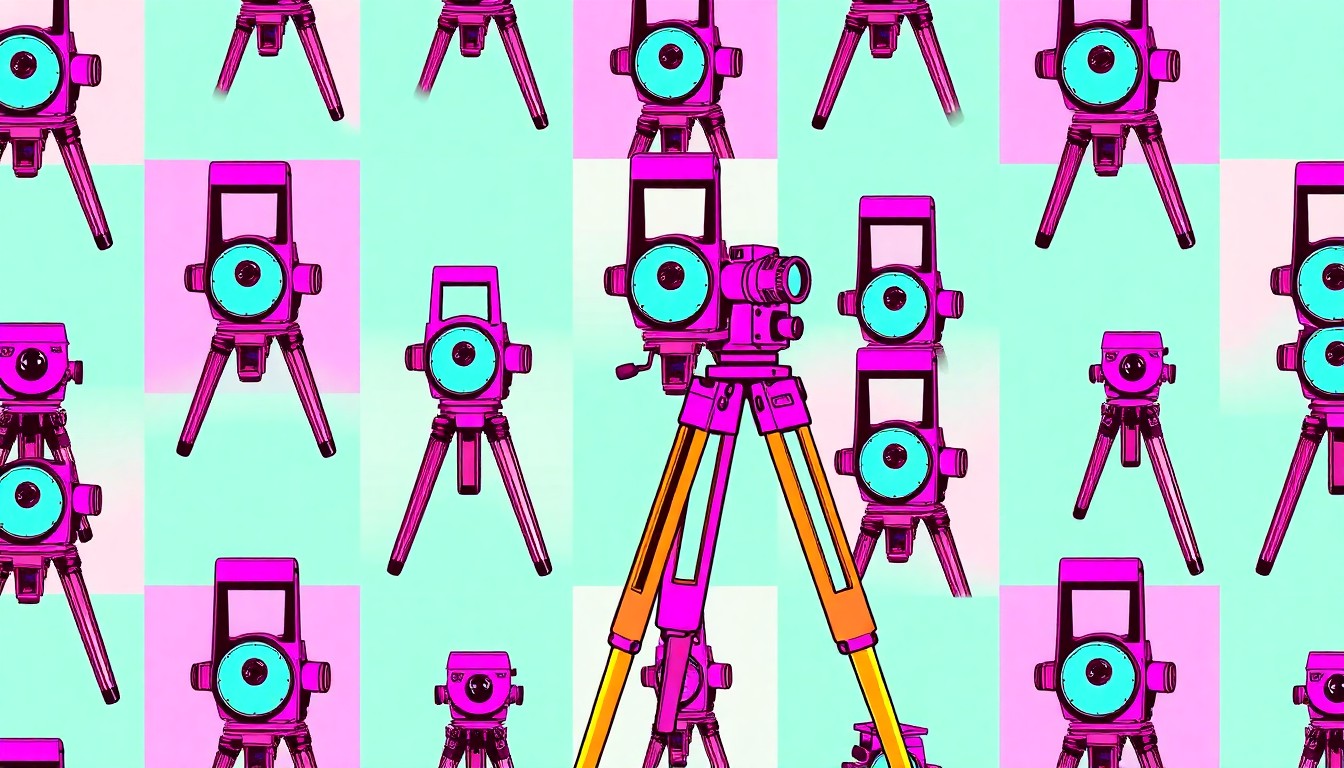 A brightly colored, high-contrast silkscreen print of a surveyor's compass repeated in a tight grid pattern, utilizing flat, unnatural neon colors and heavy black outlines to transform an everyday object into modern pop art.