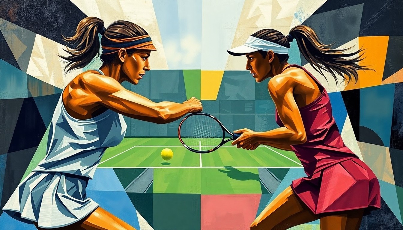 A fragmented, geometric painting depicting the dynamic movements and competitive energy of a women's tennis match, with the players' forms broken down into abstract shapes and planes of color.