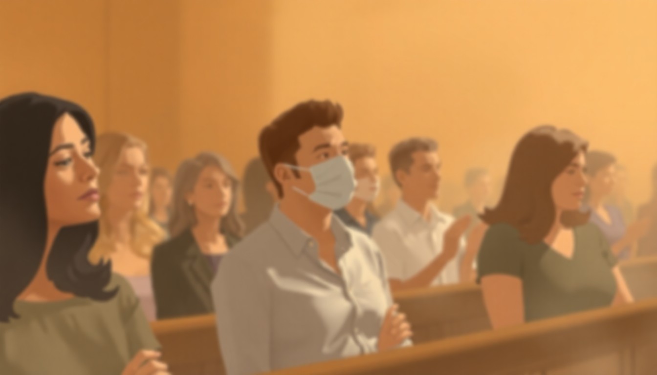 An abstract, impressionistic photograph in soft, warm tones depicting the blurred silhouettes of people in a courtroom, conveying a sense of community and gratitude for the pro bono legal services provided.