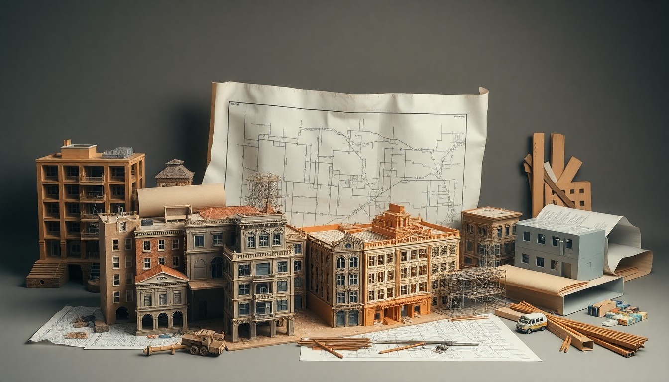 A high-end, photorealistic studio still-life photograph featuring a collection of architectural models, blueprints, and construction materials in muted earth tones, conceptually representing the abstract challenges of urban redevelopment.