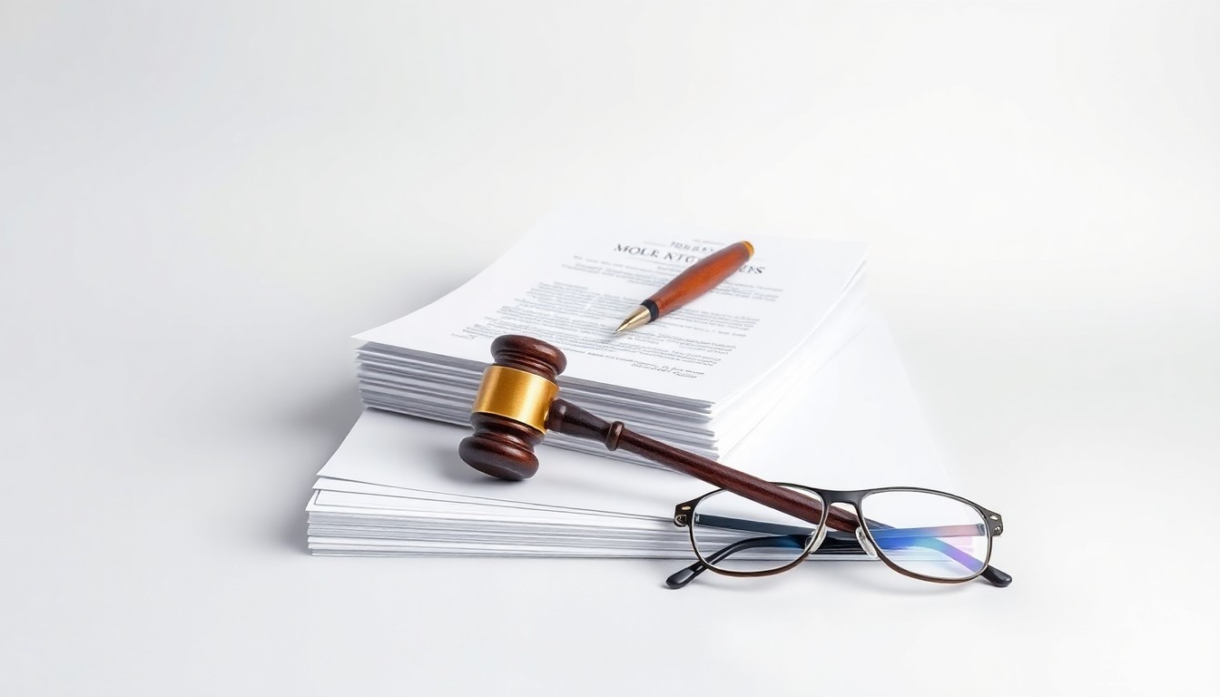 A photorealistic studio still life featuring a stack of legal documents, a gavel, and a pair of eyeglasses, conceptually representing the legal proceedings surrounding the proposed Tegna-Nexstar merger.
