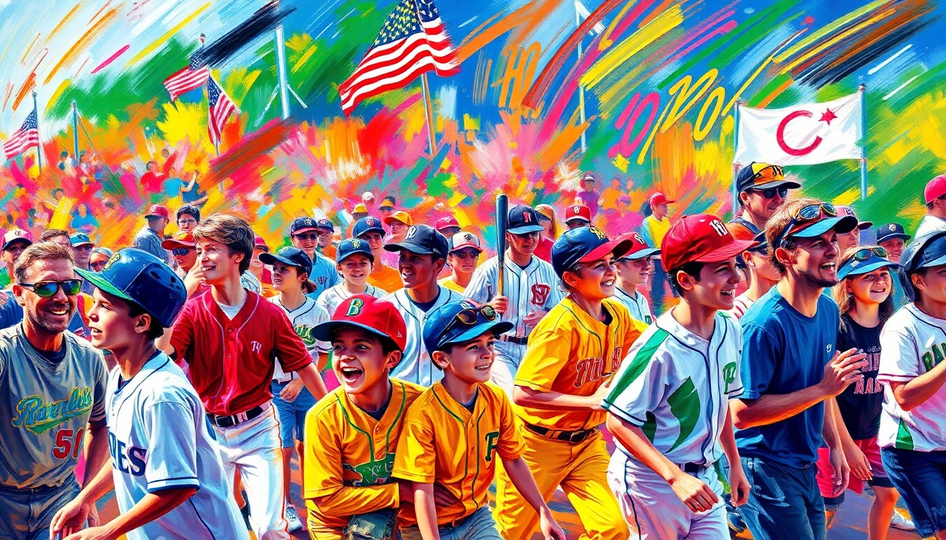 A dynamic, expressionistic painting in neon colors depicting the movement and energy of a youth baseball parade, with players, coaches, and spectators blending into a colorful, abstract scene.