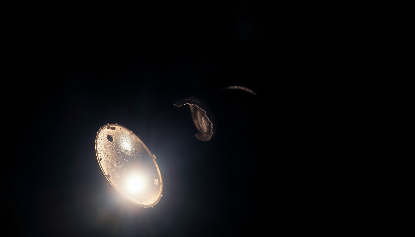 An extreme close-up photograph of a charred, twisted metal object from the burned camper, lit by a harsh, direct camera flash against a pitch-black background, creating a stark, gritty, investigative aesthetic.