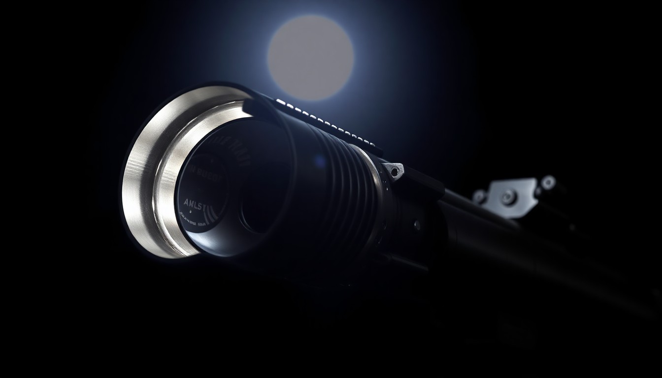 An extreme close-up photograph of a machine gun conversion device's metallic components and intricate mechanisms, sharply in focus against a pitch-black background, creating a stark, gritty, and investigative aesthetic.