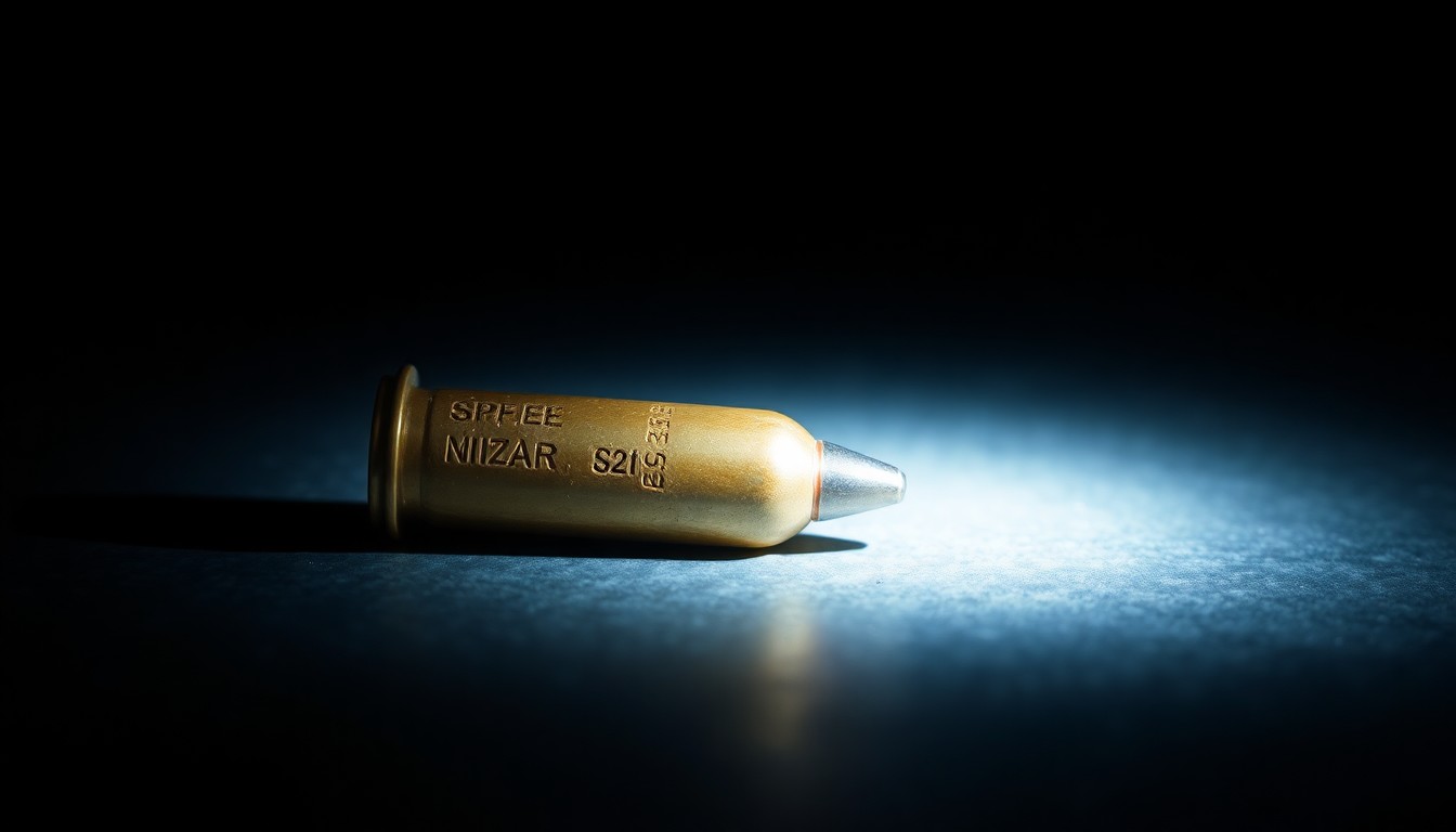 An extreme close-up photograph of a single spent shell casing on a dark surface, lit by a harsh, direct camera flash, conceptually representing the gritty details of a violent crime.