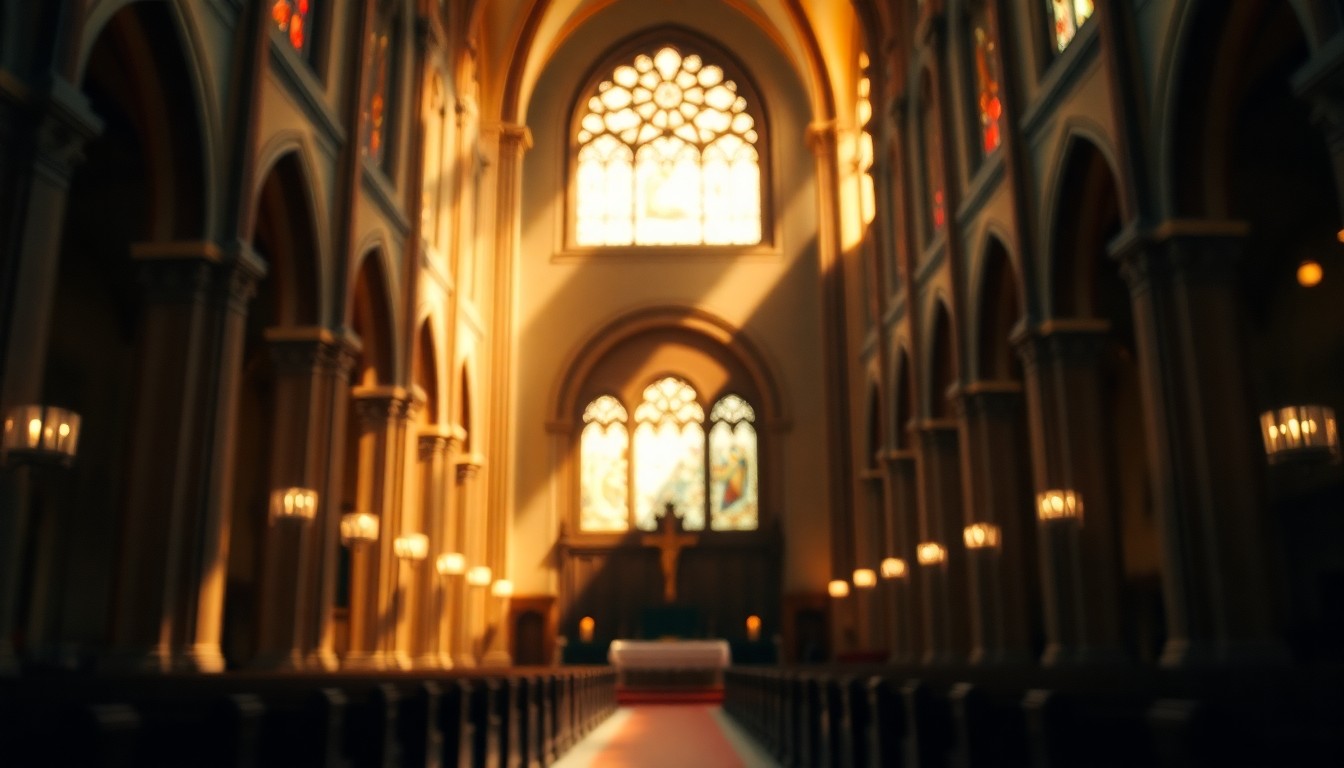 An extremely abstracted, out-of-focus photograph of the interior of a church, with soft pools of warm light and color representing the joyful celebration of a life well-lived.