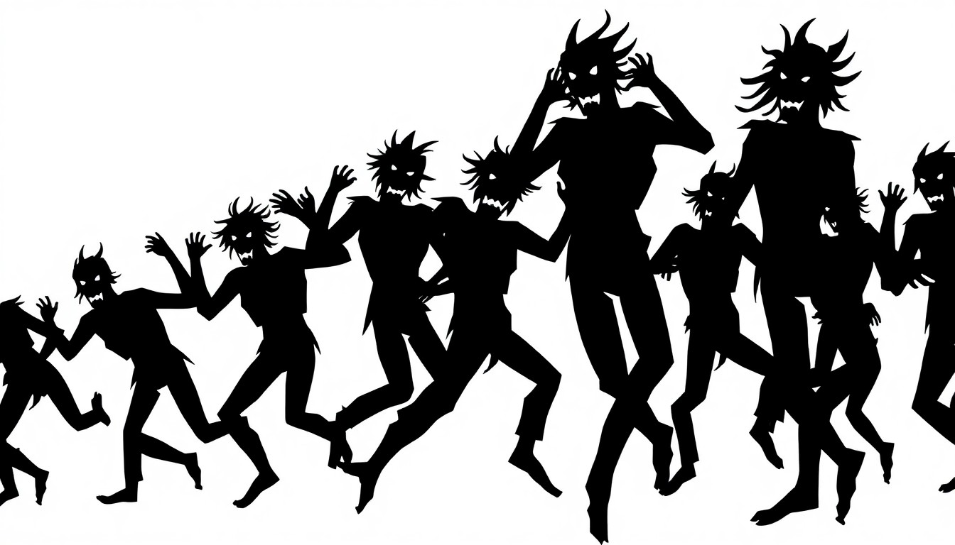 A stark, graphic black and white illustration depicting a group of stylized, jagged human figures dancing in a frenzied, chaotic motion, conveying the sense of unease and the unexplained surrounding the Dancing Plague of 1518.