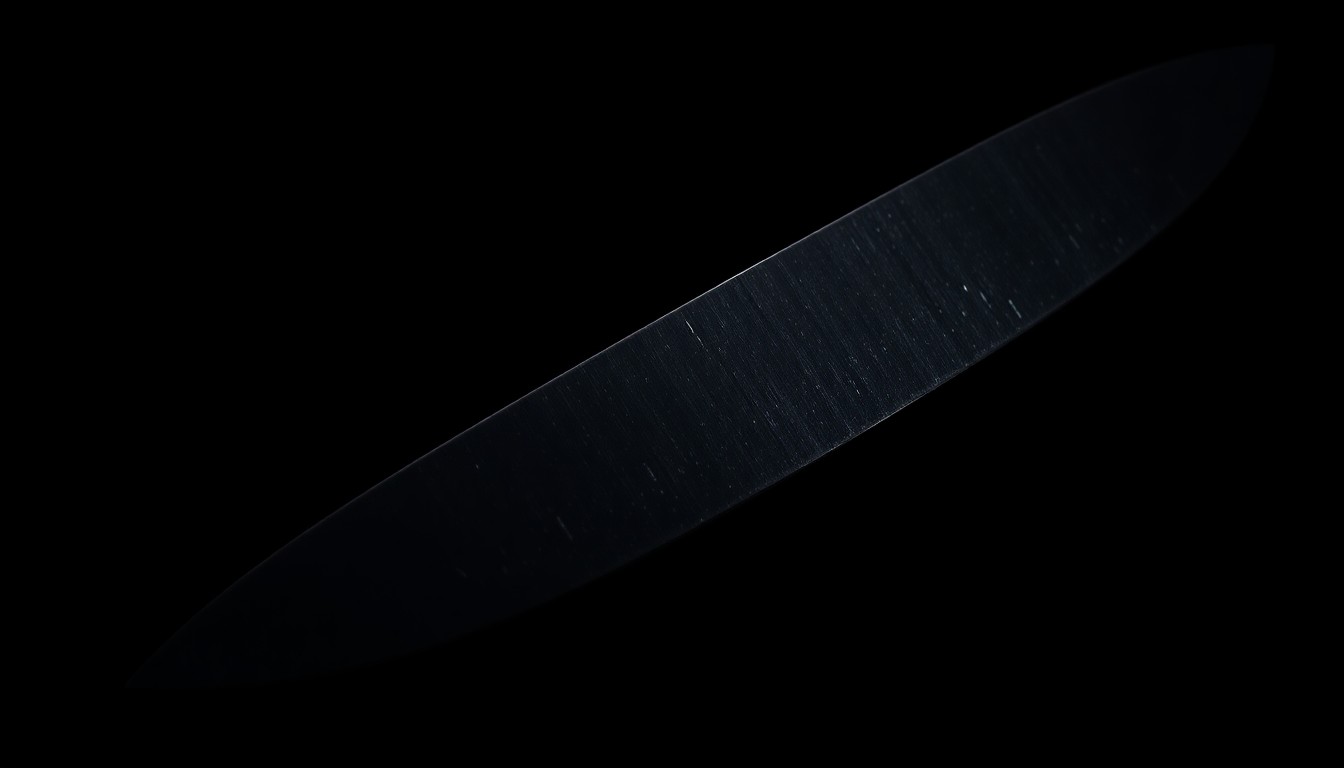 An extreme close-up photograph of a serrated knife blade, the metal reflecting a harsh, direct camera flash against a pitch-black background, conceptually representing the violent threats made against the president's son.