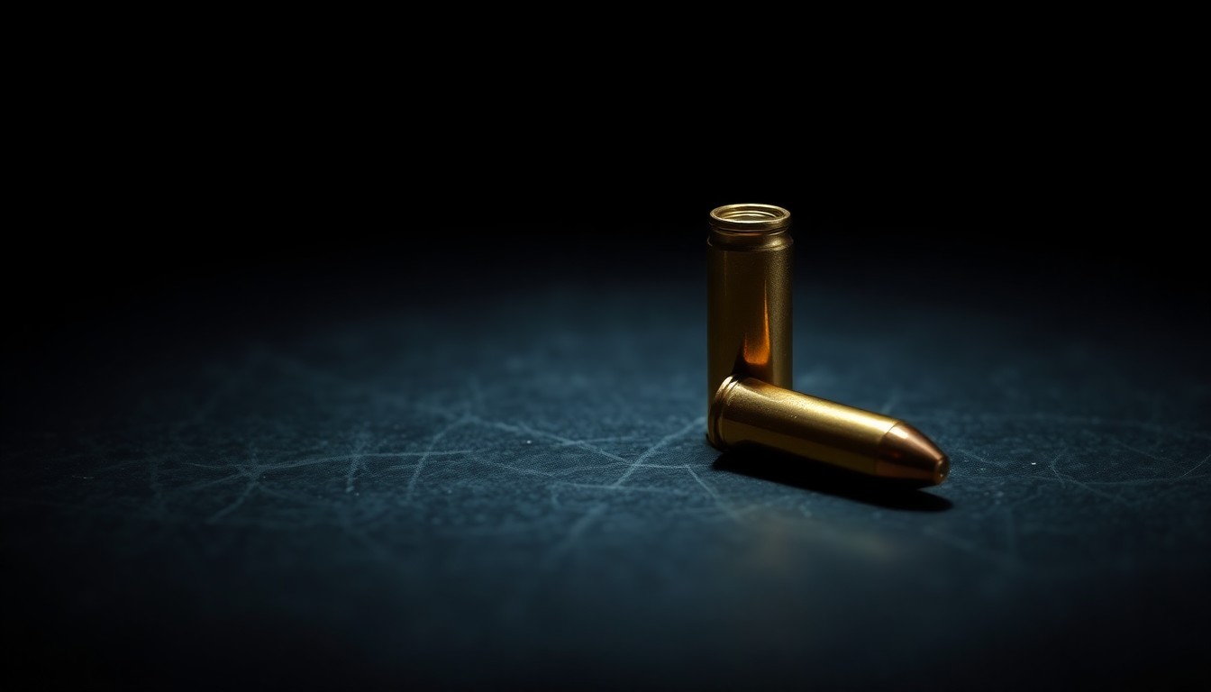 An extreme close-up photograph of a single spent bullet casing on a dark surface, lit by a harsh direct flash, conceptually representing the aftermath of a shooting incident.