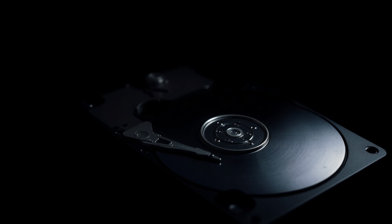 An extreme close-up photograph of a fractured hard drive against a pitch-black background, lit by a harsh, direct camera flash, conceptually representing the discovery of illicit digital evidence in a criminal investigation.