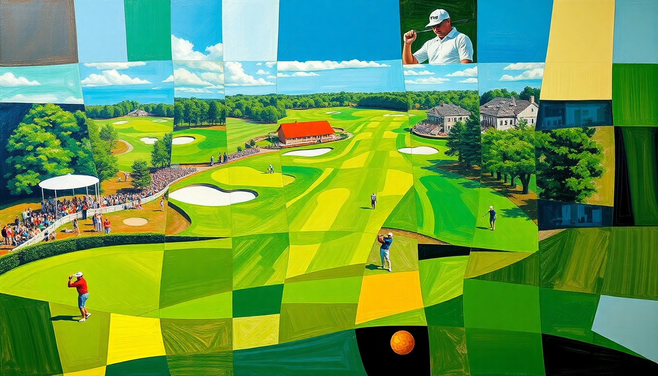 A fragmented, geometric painting depicting a golf course, players, and tournament action in a cubist style, using vibrant shades of green, blue, and brown.
