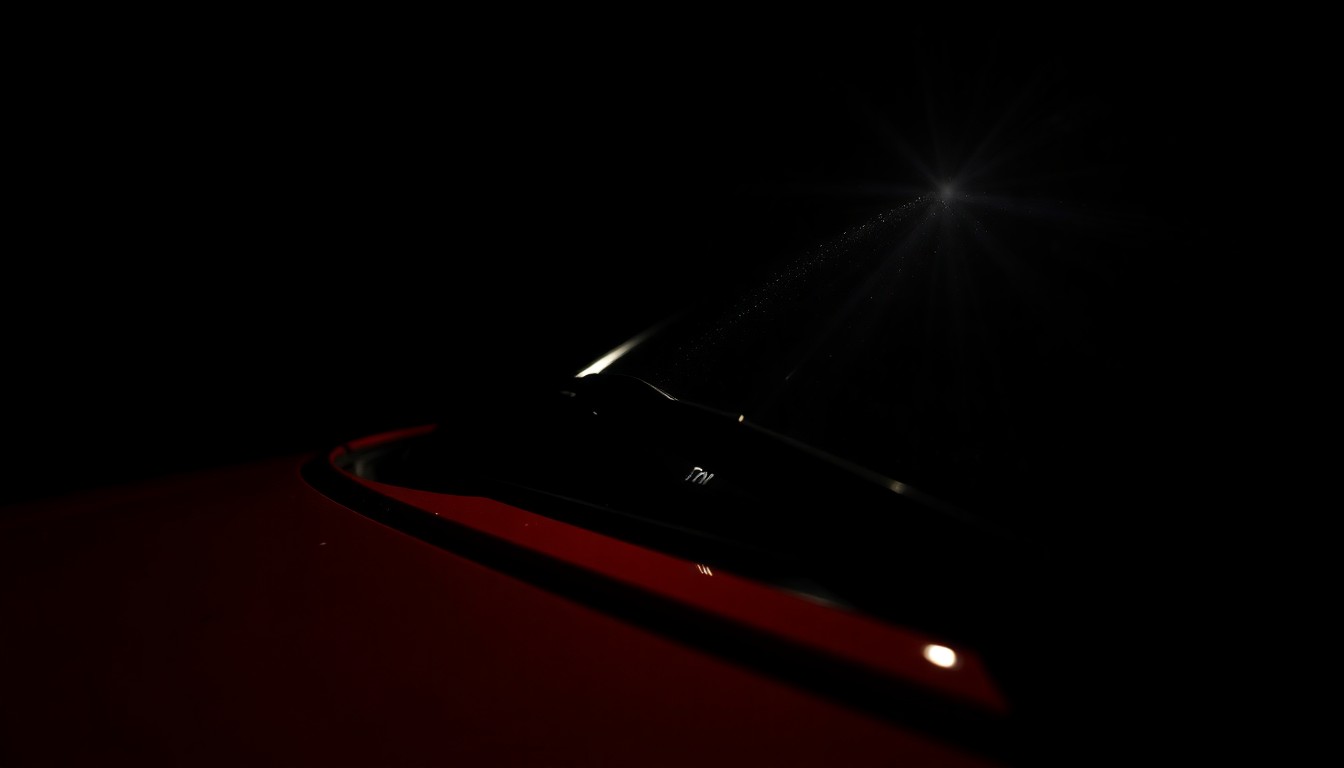 An extreme close-up photograph of a car's damaged windshield wiper, lit by a harsh camera flash against a pitch-black background, conceptually representing the aftermath of a racially motivated confrontation.