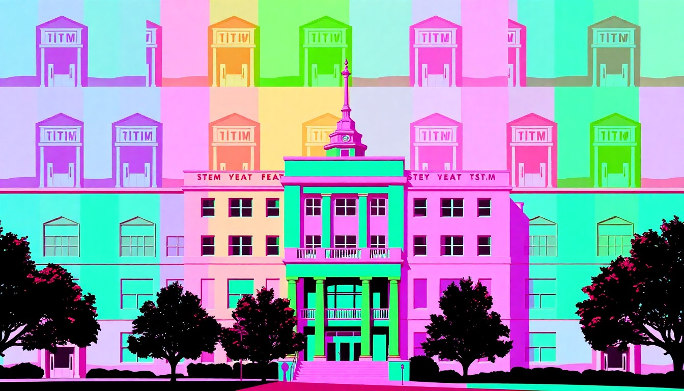A highly stylized, pop art-inspired illustration featuring a repeated silhouette of a modern university campus building in a grid of vibrant, neon-like colors, conceptually representing the university's investment in its future.