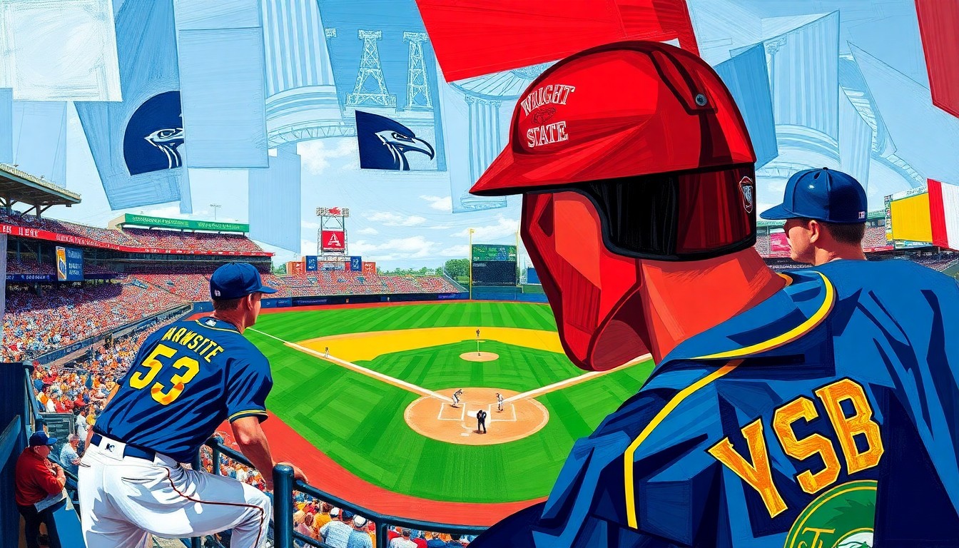 A cubist, geometric painting depicting a baseball game, with overlapping planes of red, blue, and gold representing the uniforms of the two teams. The image captures the dynamic energy and movement of the sport without any identifiable players or logos.