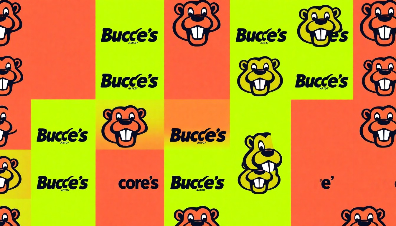A brightly colored, high-contrast silkscreen print of the Buc-ee's beaver mascot logo repeated in a tight grid pattern, utilizing flat, vibrant, and unnatural neon color palettes overlapping with heavy black photographic outlines to turn the iconic convenience store brand into modern pop art.