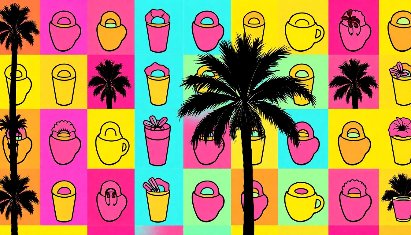 A high-contrast silkscreen print of an iconic Los Angeles object like a palm tree or bagel, repeated in a colorful grid pattern to capture the energy and variety of the city's springtime events.