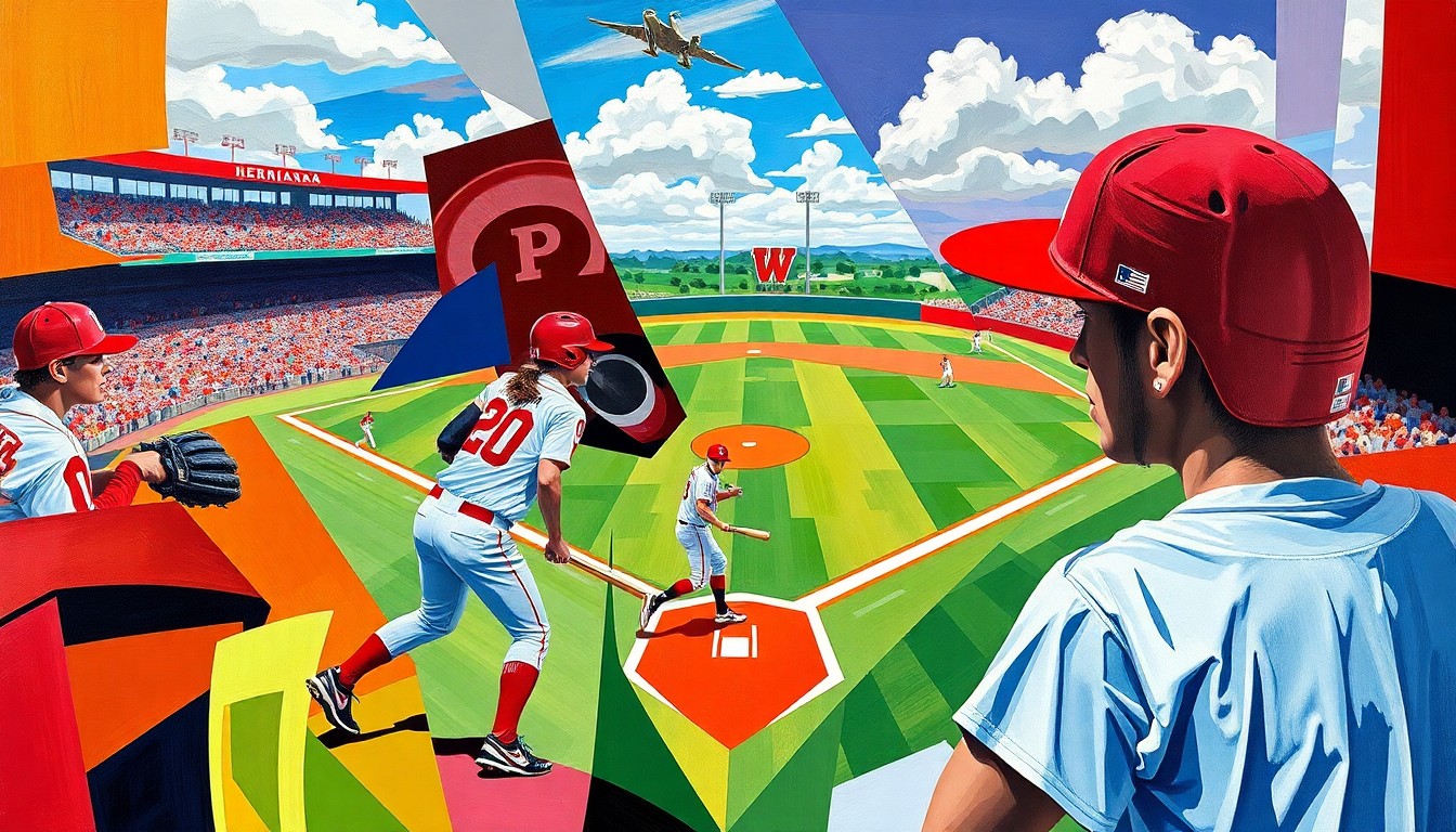 A cubist, geometric painting depicting a softball game in progress, with the players and field broken down into sharp, overlapping shapes and planes in vibrant colors.